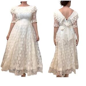 Scott McClintock Vintage lace ivory wedding dress organza silk crochet detail, S